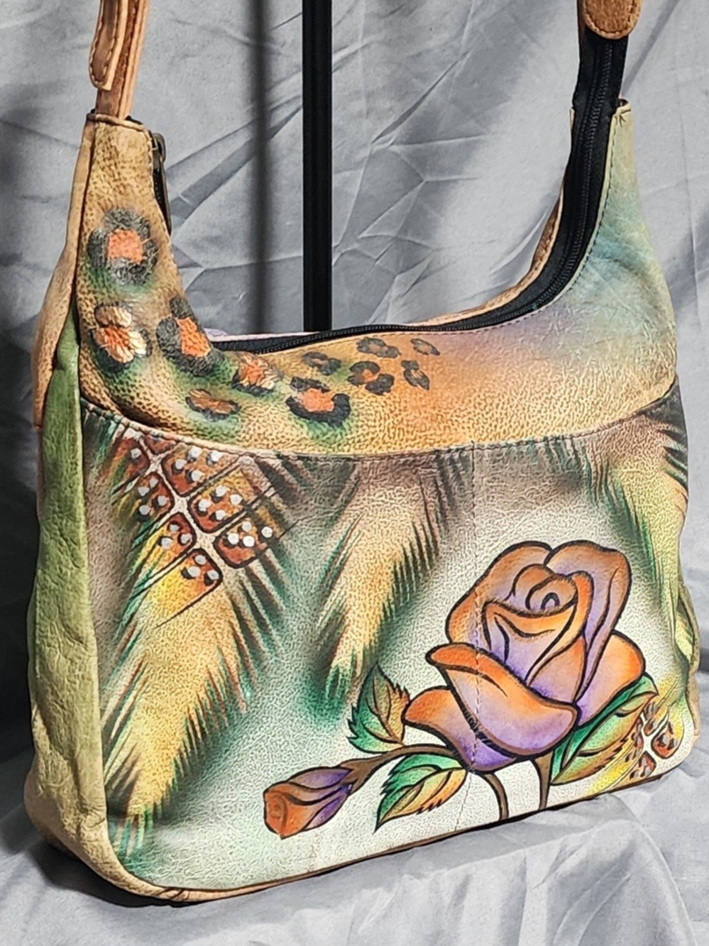 Anuschka Hand Painted Rose & Cheetah Print Leather Crossbody Bag Shoulderbag